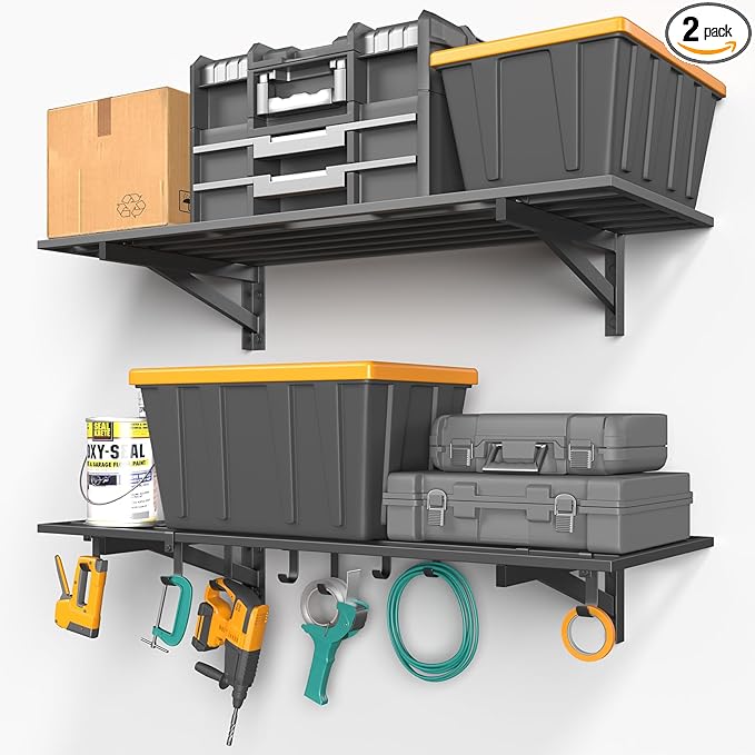 2-Pack 1.5x4ft Garage Shelving Wall Mounted, 1.5' x 4' Heavy Duty Garage Storage Shelves with Hooks, 400LB Capacity