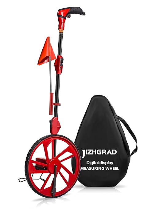 Distance Measuring Wheel in Feet, JIZHGRAD Measure Wheel with 10 Marking Flags and Added Flags Holder, 12.5”Diameter Wheel, Collapsible with One key to Zero, Measurement Wheel with Canvas Carrying Bag