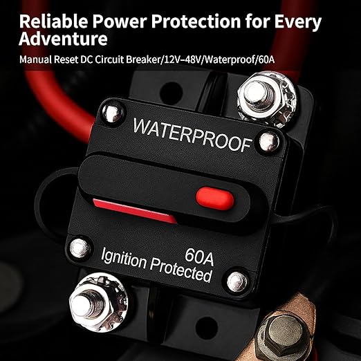 60A Waterproof DC Circuit Breaker with Manual Reset, 12V–48V Inline Fuse with Screws & Terminals for Trolling Motor, Marine, RV, Car Audio, Solar Battery System