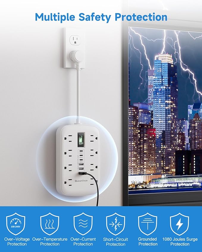 Short Extension Cord 1 ft, Small Power Strip Flat Outlet Extender Surge Protector with 8 AC Outlets 6 USB (5V/4.8A 24W), Mini Extension Cord Flat Wall Plug for Home Office Dorm Kitchen Bathroom