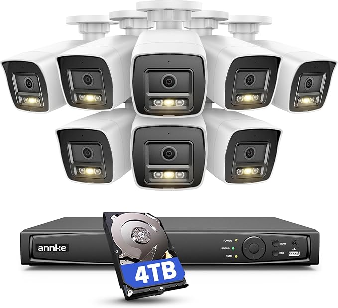 ANNKE 12MP Security Camera System, 16CH NVR Recorder with AI Motion Detection, 8pcs IP PoE Cams with Color Night Vision, Built-in Mic, Compatible with Alexa for Home Business Surveillance, 4TB HDD