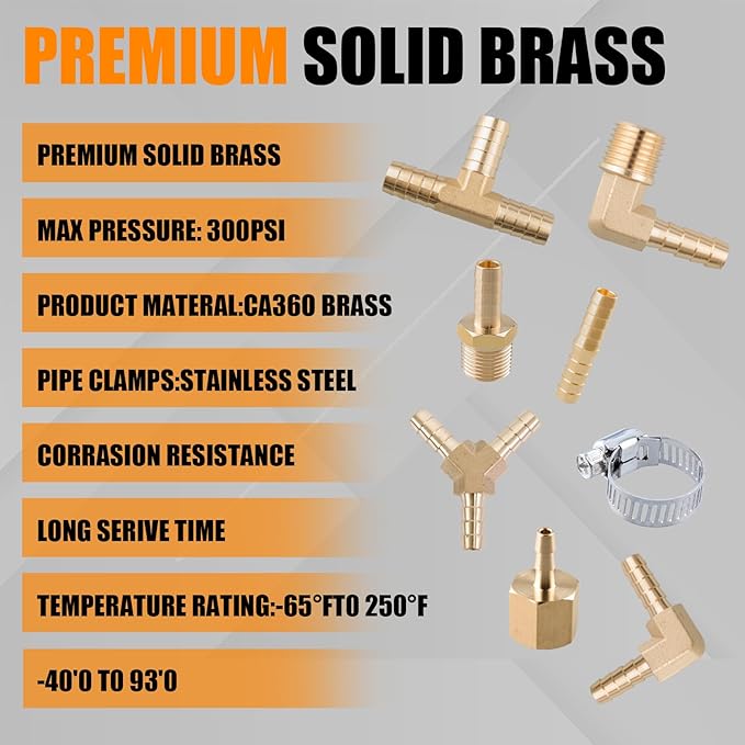 156Pcs Hose Barb Fuel Line Fittings Assortment Kit Barb Splice/Coupler/Female Adapter/Tee/Y Shaped Union/90°Male Elbow Thread 1/8" 3/16" 1/4" 5/16" 3/8" 1/2" Air Hose Fitting with Pipe Clamps for Fuel