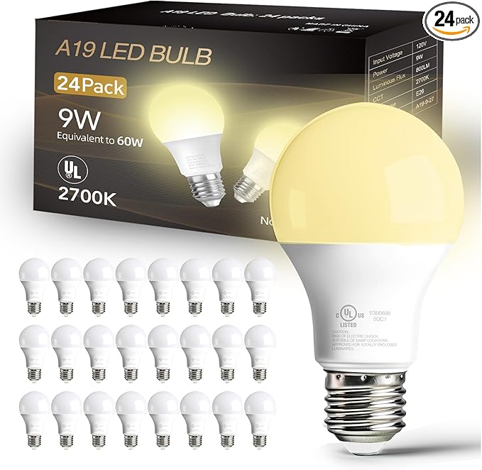 dalattin 24 Pack LED Light Bulbs Soft White 2700K, 60 Watt Equivalent A19 Standard Bulbs, E26 Base, 800 LM, Efficient 9W Energy Saving, Non-Dimmable, 80+ CRI,120V, UL Listed, for Living Room, Office