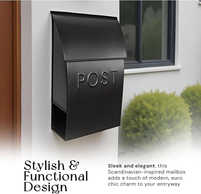 NACH Mailboxes for Outside Wall Mount, 15 x 10 x 4 inches, Black Wall Mounted Mailbox and Newspaper Holder, Waterproof Mailbox for Door - The Milano Mailbox