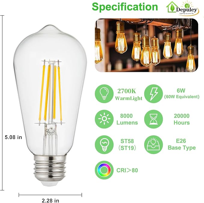 Depuley LED Light Bulbs E26: Chandeleir Lights Bulb 6W Equivalent 60W - Edison Vintage Bulbs Warmlight 2700K ST58 Clear Glass Bulb 800LM 80+CRI Non-Dimmable 6-Pack