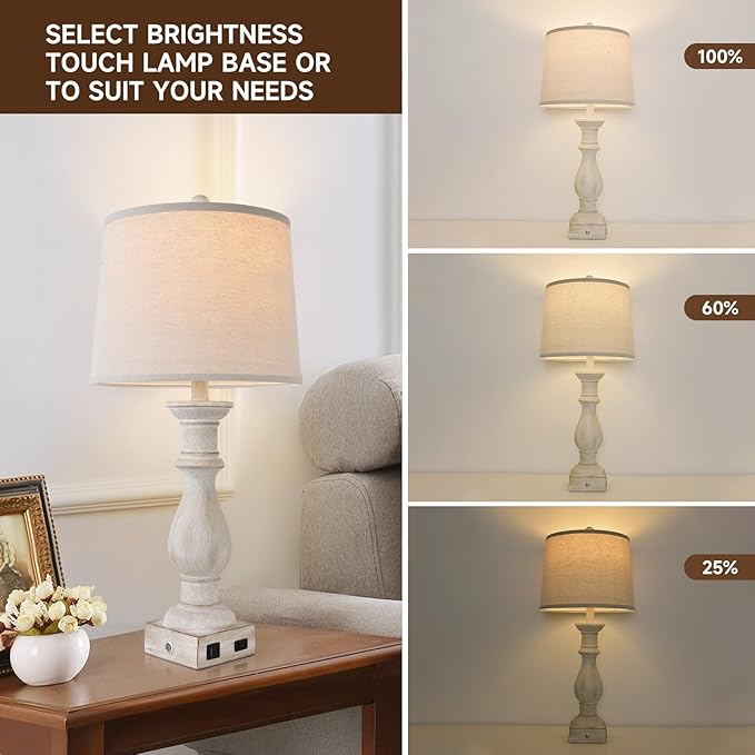 Table Lamps Set of 2 Vintage Night Stand Light Touch Dimmable Desk Lamp Farmhouse Resin Lamp,Bedside Lamps with USB Ports and Outlets Lamps,for Bedroom,Living Room,Office,Dining Room,End Table,Reading