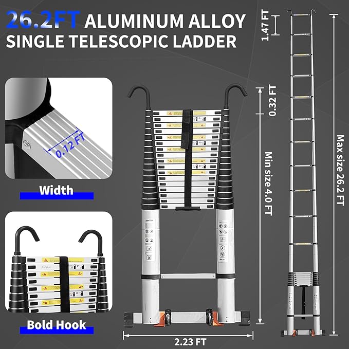 JADDUO Telescoping Ladder,26.2 FT Extension Ladder,Aluminum Lightweight Telescopic Ladder with 2 Triangle Stabilizers, Telescoping Attic Ladders RV Ladders for Travel