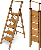 Taranta 5 Step Ladder, Portable Folding Ladder with Wide Pedal, Lightweight Aluminum Step Stool with Convenient Handgrip, 330 lbs Capacity Stepladder for Home, Office - Woodgrain
