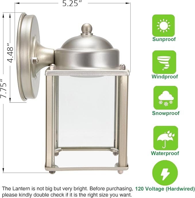 LIT-PaTH Outdoor LED Wall Lantern, Wall Sconce Porch Lighting Fixture, 3000K Warm White, 9.5W 800 Lumen, Aluminum Housing Plus Glass, Nickel Finish-2 Pack