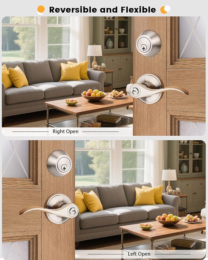 Gobrico 6 Keyed-Alike Entry Lever and Single Cylinder Deadbolt Combination Locksets, Satin Nickel Finished, Front Door Handle and Deadbolt with Same Key