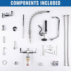 21" Height Commercial Sink Faucet Deck Mount with Pre-Rinse Sprayer, Commercial Kitchen Faucet with 8" Add-on Swing Spout Faucet & Spring Pull Down Sprayer, 8" Adjustable Center Kitchen Faucet