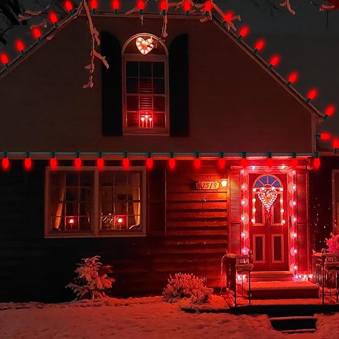 C7 Red Valentines Christmas Replacement Bulbs, 25 Pack C7 Incandescent Light Bulbs Vintage Ceramic Red Light Bulbs for Christmas String Lights Valentines Decor, E12 Candelabra Base, 5 Watts