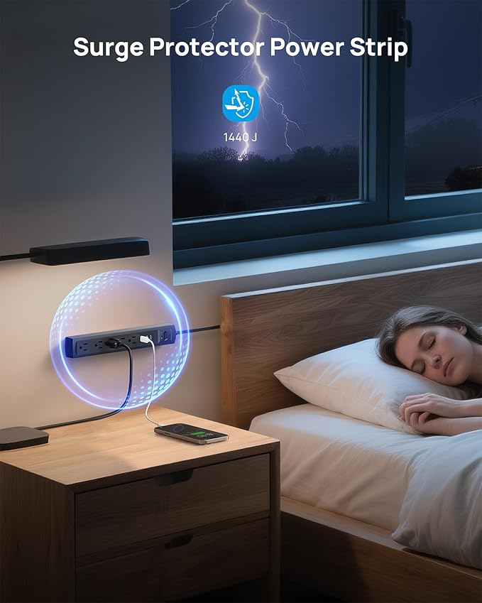 TROND 360° Rotating Plug Surge Protector Power Strip, 2 USB C and 2 USB A, 5 Widely Spaced Outlets, 1440J Surge Protection, Wall Mountable, Flat Cord Extension Cord 6ft for Home Office Dorm, Black