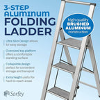 Step Ladder 3 Step Folding, Decorative - Beautiful Gray Wood & Silver Aluminum, Ultra Slim Profile, Anti Slip Steps, Sturdy-Portable for Home, Office, Kitchen, Photography Use,by SORFEY