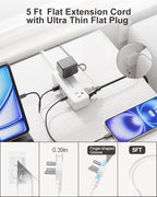 5 USB(3 USB C) Travel Power Strip- 5Ft Short Extension Cord with 5 USB Charging Station 24W/4.8A and 4 Wide Outlets, Compact Flat Plug Small Extension Cord for Travel Cruise College Dorm Office White