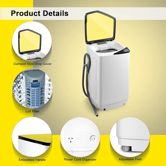COSTWAY Portable Washing Machine, 7.7lbs Capacity Compact Laundry Washer and Spin Combo with 6 Programs, Built-in Barrel Light, Full-Automatic Washing Machine for Apartments Camping RVs Dorm, Yellow