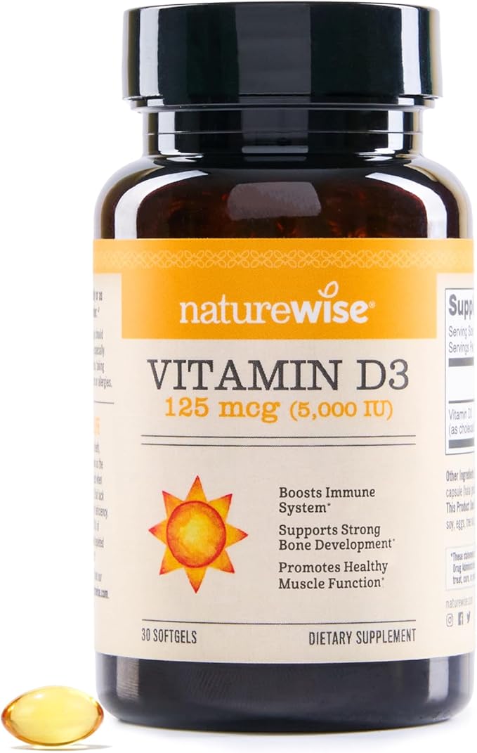 NatureWise Vitamin D3 5000iu (125 mcg) 30-Day Supply for Immune Support, Healthy Muscle Function, and Bone Health - Non-GMO, Gluten Free in Organic Extra Virgin Olive Oil, (Mini Softgel), 30 Count