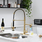 Fapully LED Kitchen Faucet with Pull Down Sprayer,Brushed Gold Commercial Kitchen Sink Faucet with Deck Plate