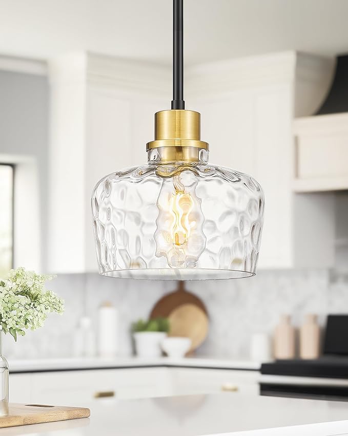 Emak Modern 8 Inch Pendant Lights Kitchen Island, Black and Gold Pendant Light Fixtures with Hammered Glass Shade, Farmhouse Island Lights for Kitchen, Dining Room, Bathroom, PL122-BKBGD-HG