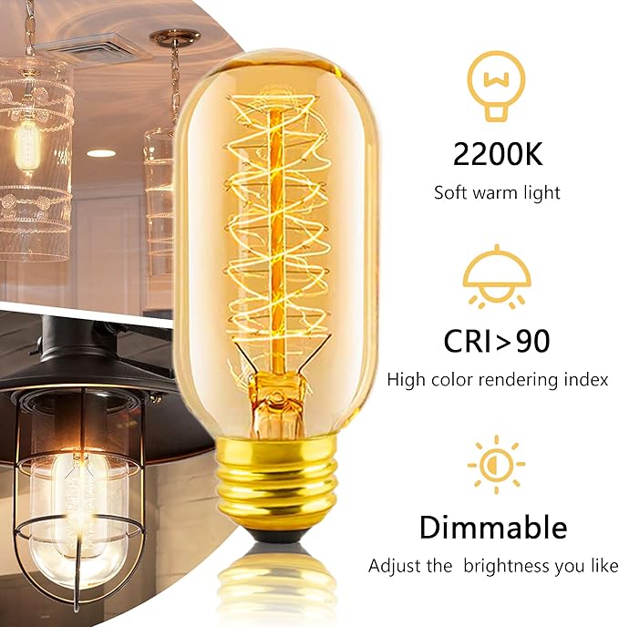 T45 Edison Bulbs 40W, 6 Pack Dimmable Retro Bulbs, 110V-130V, E26 Base Dimmable Decorative Antique Filament Bulbs, Amber Glass, 2200K Warm Yellow Incandescent Bulbs for Home Lighting Decor