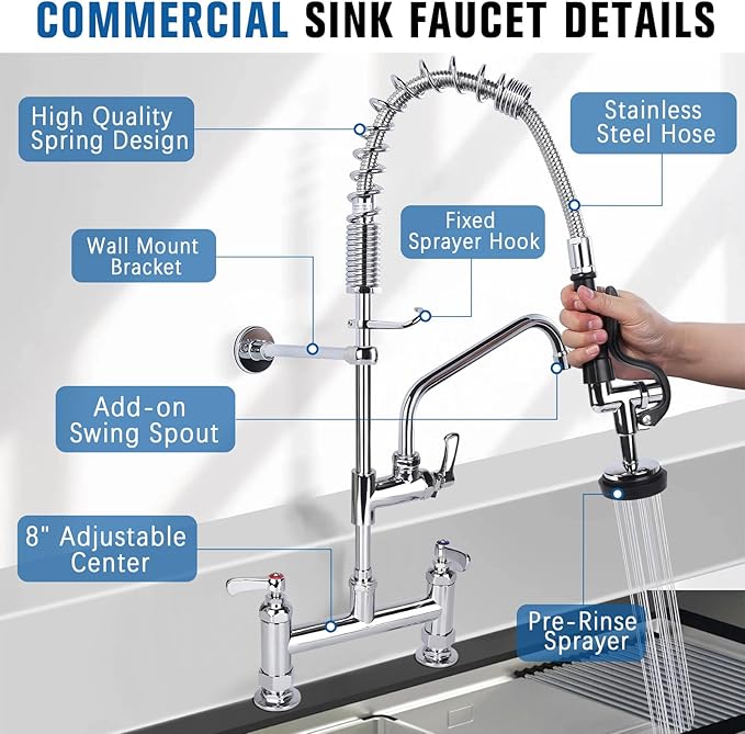 21" Height Commercial Sink Faucet Deck Mount with Pre-Rinse Sprayer, Commercial Kitchen Faucet with 8" Add-on Swing Spout Faucet & Spring Pull Down Sprayer, 8" Adjustable Center Kitchen Faucet