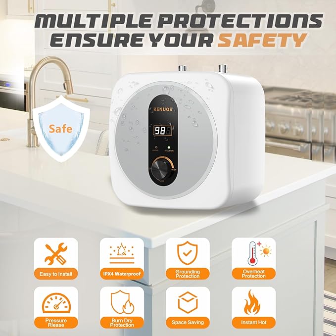 2.5 Gallon Mini Tank Water Heater,Under Sink Instant Hot Water with LED Display,1500W 120V Compact Design Small Water Heater for RV,Kitchen,with 1/2" NPT T&P Valve,3-Way Fitting Valve Grey