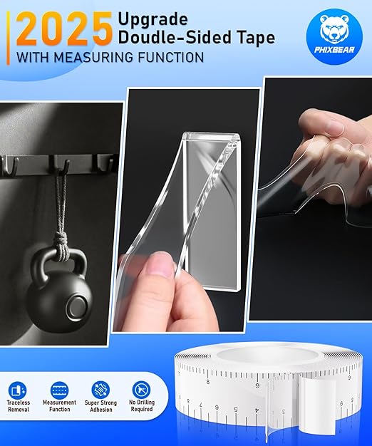 Heavy Duty Mounting Tape with Inch Measure Mark, Removable Clear Traceless Double Sided Strong Adhesive Tape for Wall, Carpet, Poster, Dorm Room, No Residue 1.18" x 15Ft