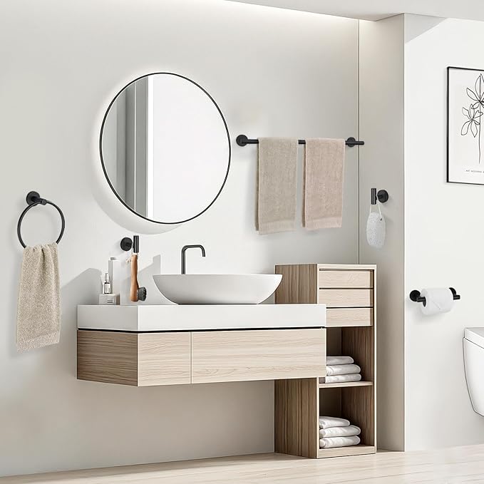 TURS Matte Black 5 Piece Bathroom Hardware Set, SUS304 Stainless Steel Bath Towel Bar Set, 24 Inch Round Bathroom Accessories Kit Wall Mounted
