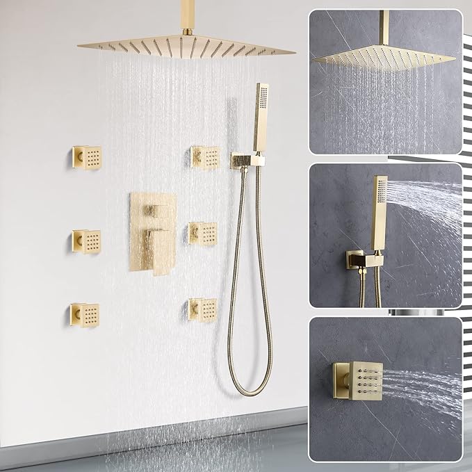 Enga Brushed Gold Rain Shower System with Body Jets, 12 inch Rain Shower Body Spray Jets System Ceiling Mounted Shower Faucet Set with 3-Function Brass Shower Valve