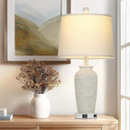 25" Retro White Farmhouse Jar Table Lamps for Living Room, 3 Way Touch Control Rustic Bedside Lamps with USB A+C Ports & AC Outlet, Pot Nightstand Lamps for Bedroom (LED Bulbs Included)