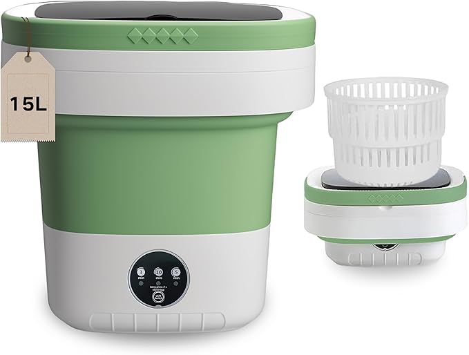 Portable Washing Machine, 15L Mini Collapsible Washer with 3 Cleaning Modes for Baby Clothes, Underwear, Small Foldable Laundry for Travel Apartment Home Dorm Hotel Camping (White+Green)
