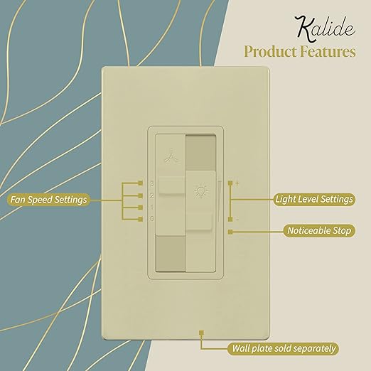 TOPGREENER Kalide Combo Dimmer Switch with 3-Speed Fan Control, Light and Fan Combination Switch, Single Pole, 2.5A, 200W LED/CFL, Neutral Wire Not Required, TGDSFS3-I, Ivory