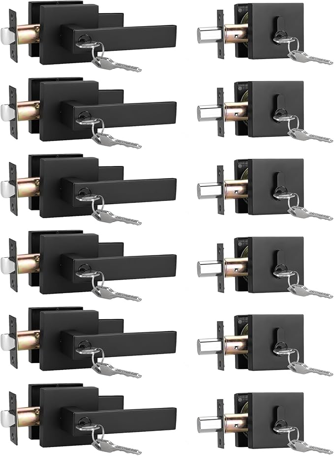 6 Pack Keyed Entry Door Lever and Single Cylinder Deadbolt Set, Keyed Alike Reversible Lockset, Matte Black Square Interior/Exterior Handleset for Bedroom, Front Door