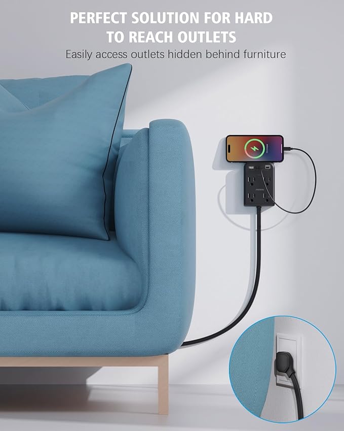 Flat Multi Plug Extender with 3 USB Wall Charger(1 Type C), 4 Outlet Wall Adapter, 4 ft Thin Extension Cord, Flat Plug Surge Protector Power Strip for Home, Office. Black