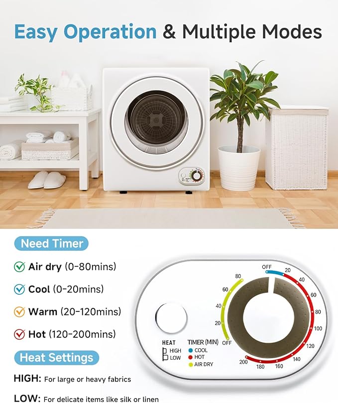 110V Portable Dryer – 850W Compact Clothes Dryer with 4 Automatic Drying Modes, Stainless Steel Tub, Simple Control Knob for Apartments, Dorms & Small Spaces