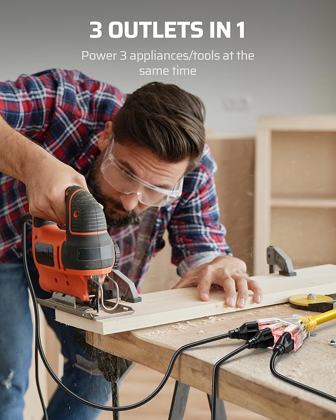 DEWENWILS 2 FT 12/3 Gauge Indoor/Outdoor Tri-Tap Extension Cord Splitter, SJTW 15 Amp Yellow Outer Jacket Contractor Grade Heavy Duty Power Cable with LED Lighted Plug, ETL Listed, Pack of 3