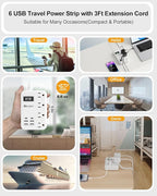6 USB(2 USB C) Travel Power Strip- Flat Plug Extension Cord 3 Feet with 4.8A 24W USB Charging Station and 4 Outlets, 3 FT Short Extension Cord Portable for Travel Cruise Office College Dorm