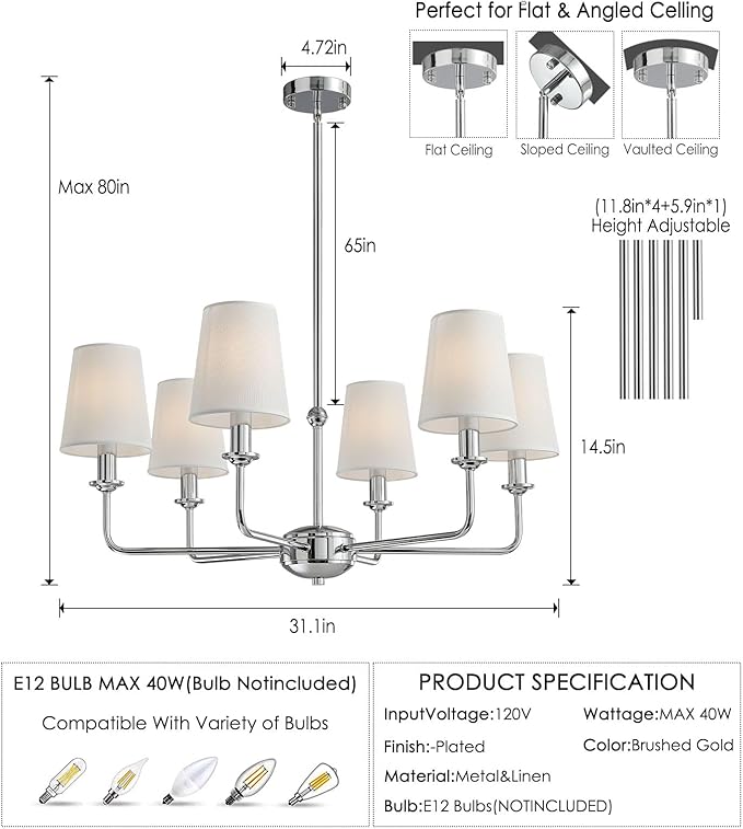 Modern 6 Light Chrome Chandelier with White Fabric Shades Elegant Ceiling Light,Farmhouse & Industrial Pendant Chandelier for Dining Room Living Room Bedroom,E12 Base