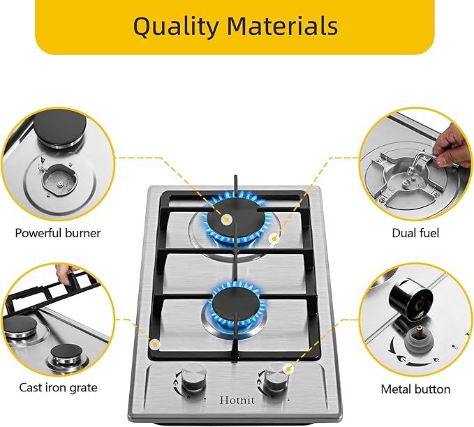 Hothit 2 Burner Propane Gas Cooktop, 12" Inch LPG/NG Dual Fuel Built-in Gas Stove Top, Stainless Steel Electronic Ignition Gas Hob for Apartment, Outdoor, RVs(L12"×W20")…