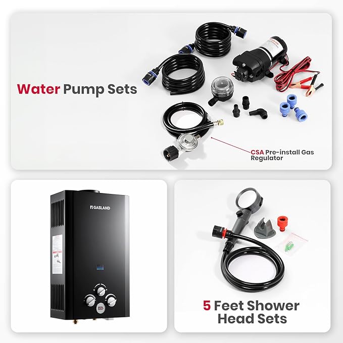 GASLAND 2.64 GPM Tankless Water Heater Propane with Pump Set, Outdoor On Demand Hot Water Heater for Camping Shower, Off Grid Outdoor Shower, 10L, BE264BQ120