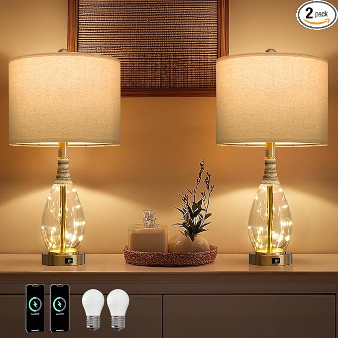 OYEARS 23" Table Lamps for Living Room Set of 2 Bedside Lamps for Night Stands Bedroom Lamps Farmhouse Rattan Boho Lamp Glass Nightlight End Table Lamp with USB C+A (Gold),Two Light Points