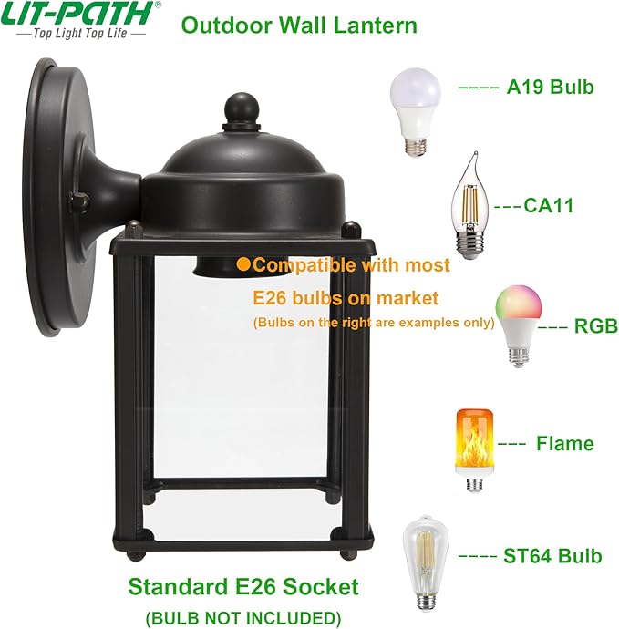 LIT-PaTH Outdoor Wall Lantern, Wall Sconce as Porch Lighting Fixture, E26 Medium Base 60W Max., Aluminum Housing Plus Glass, Bulbs NOT Included, 2-Pack, Bronze Finish