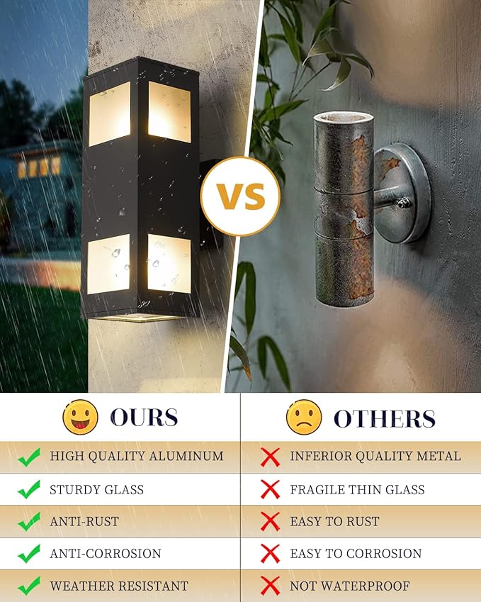 harriet Porch Lights Outdoor Modern - IP64 Waterproof Aluminum and Tempered Glass Cover, 13" Rectangular Up/Down Wall Sconce for Porch, Garage & Patio, Exterior Lighting, Black, 2 Pack