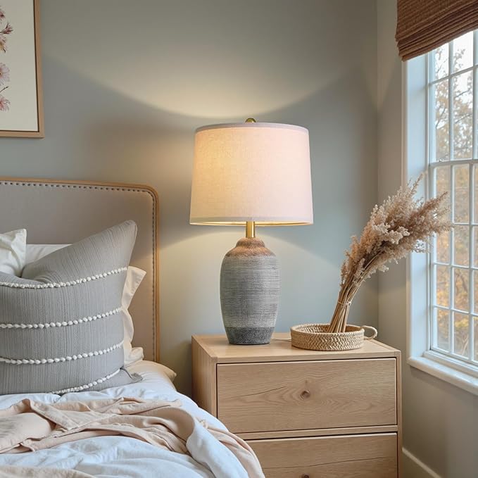 24.5" Vintage Ceramic Table Lamp - Single Farmhouse Rustic Bedside Lamp with Natural Textured Finish, Nightstand Lamps for Living Room, Bedroom, End Table, Office Dark Grey