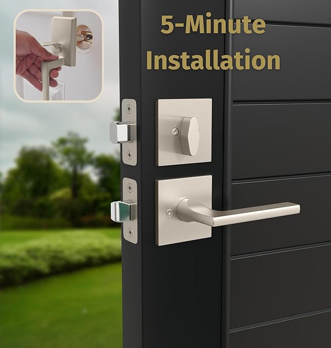 Mega Handles - TOBELLE Silver Entry Door Handleset - Single Cylinder Handleset with Lever for Entrance and Front Doors - Modern Door Handles for Left and Right-Handed Doors - Straight Handle