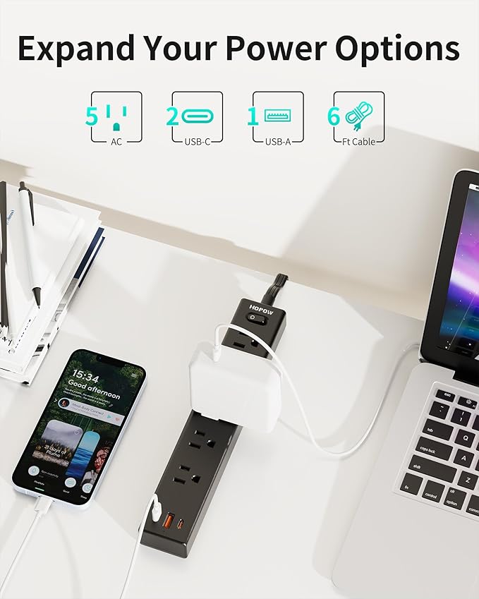 Flat Plug Power Strip, 6 Ft Ultra Thin Extension Cord, Surge Protector with 5 Outlets & 3 USB Ports (2 USB C), 1700 Joules, Wall Mount, Desktop Charging Station for Home Office Dorm, Black