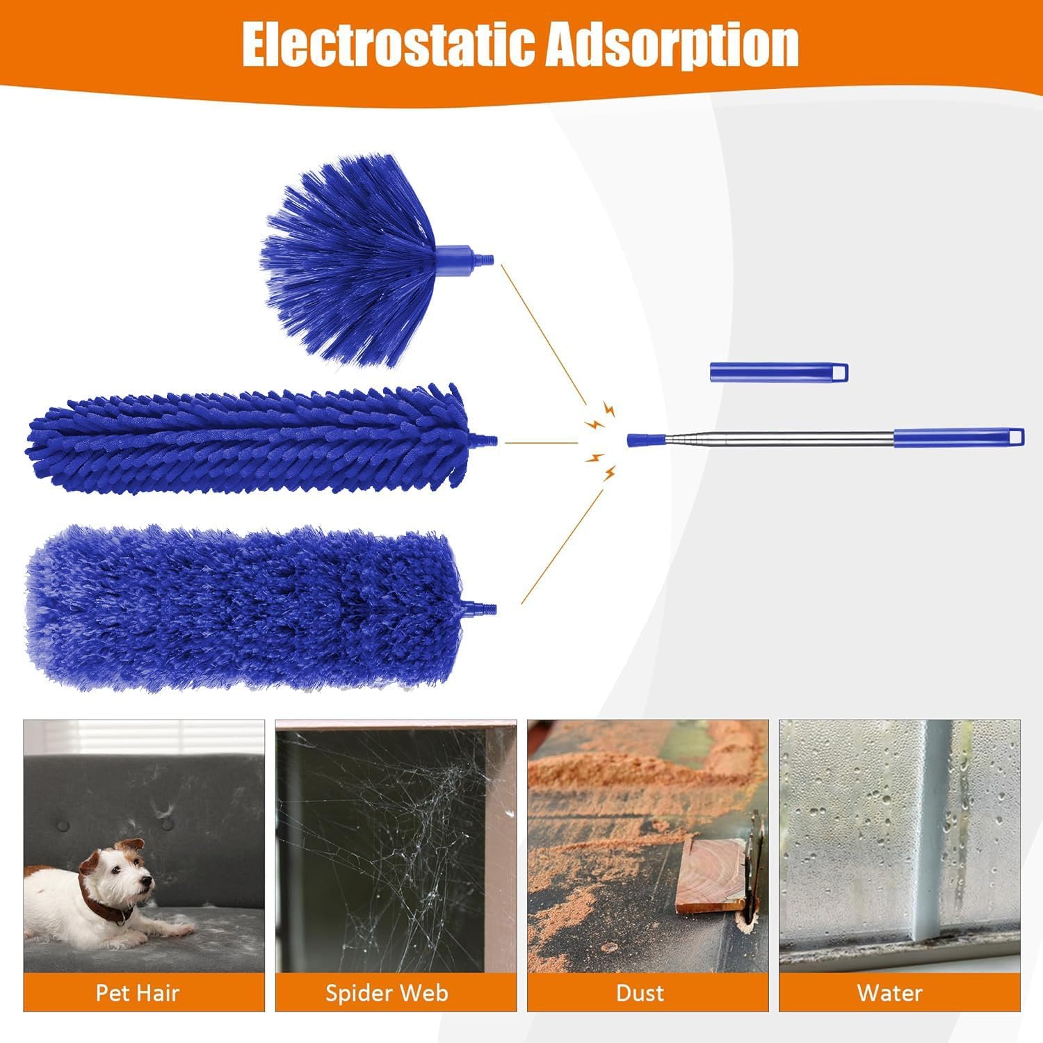 4 Pcs Microfiber Cobweb Duster with 100-inch Extendable Pole, Washable and Reusable Feather Cleaning Duster Kit with 3 Duster Heads,Dusters for Cleaning with Telescopic Pole for High Ceiling Fan,Blue