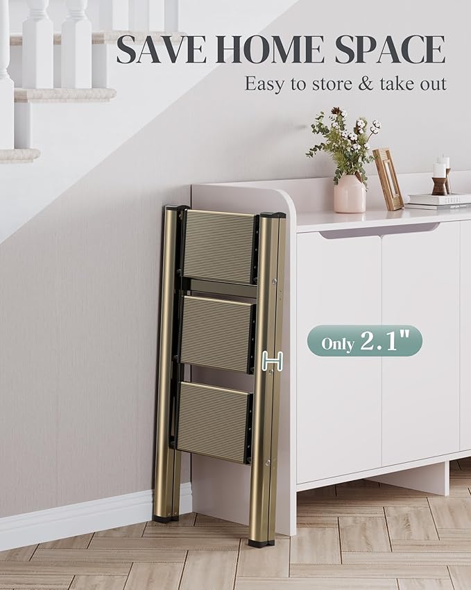 GameGem 3 Step Ladder, Folding Step Stool with Wider Pedal, Anti-Slip Feet & Non Slip Stripes, Aluminum Sturdy Material, 300Lbs Capacity, Elegant Look of Champagne Gold Better Matches Your Home