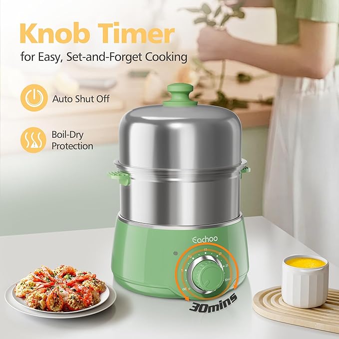 Hard Boiled Egg Cooker - CACHOO 14-Egg Rapid Stainless Steel Egg Boiler with 30-Min Timer & Auto Shut Off, Compact Electric Vegetable Steamer for Cooking, Dishwasher Safe, Retro Green