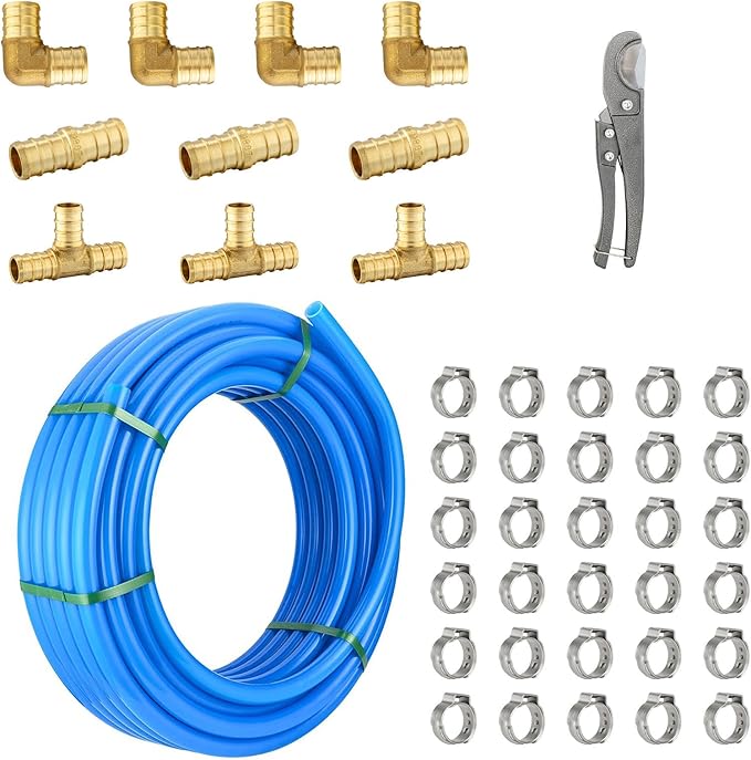 1/2 Inch-100 ft Foskan Blue PEX-B Pipe,Water Tubing with a Pipe Cutter,10 PCS Brass Crimp Fittings & 30 PCS Pex Clamps